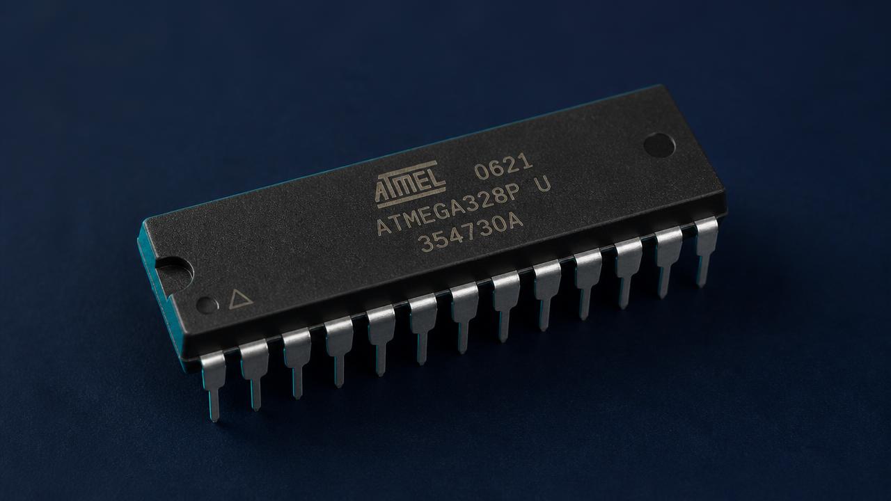 The ATmega328P microcontroller, a 28-pin DIP chip